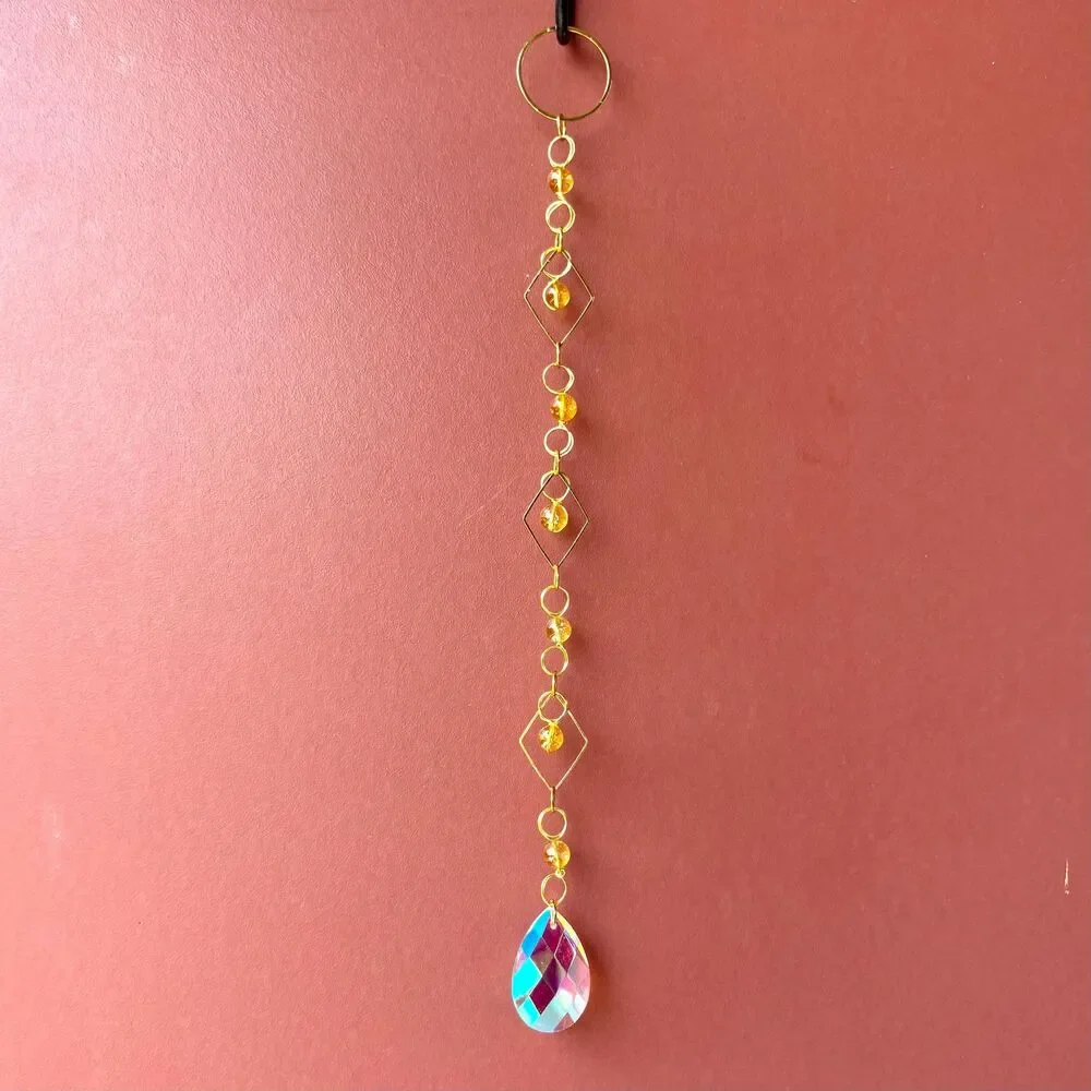 Citrine Bead Wall Hanging | Gold Diamond Frame | Aurora Borealis Teardrop Prism